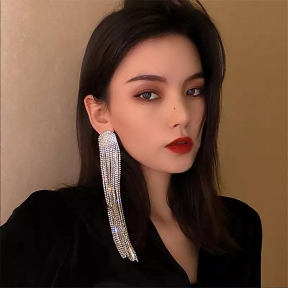 LONG TASSEL SILVER DIAMOND DANGLE EARRINGS - Picture 2 of 6